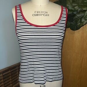 LRL‎ Lauren Ralph Lauren Striped Tank Black White Ribbed Red Trim Size Large